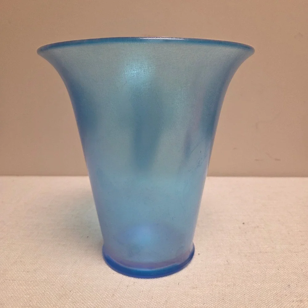 Vintage Blue Iridescent Satin Glass Vase Flared Rim